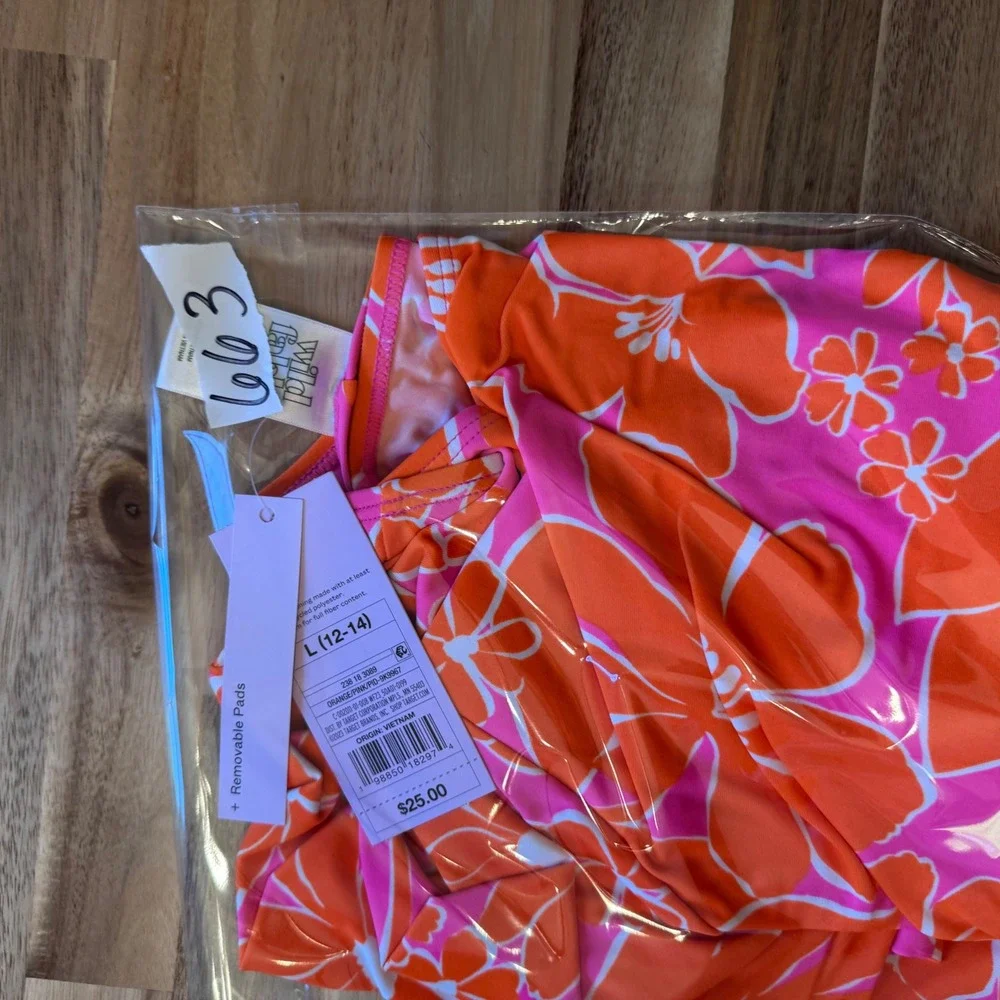 Wild Fable Girl Orange Pink Floral Rash Guard Bikini Top Long Sleeve L 12-14 NEW